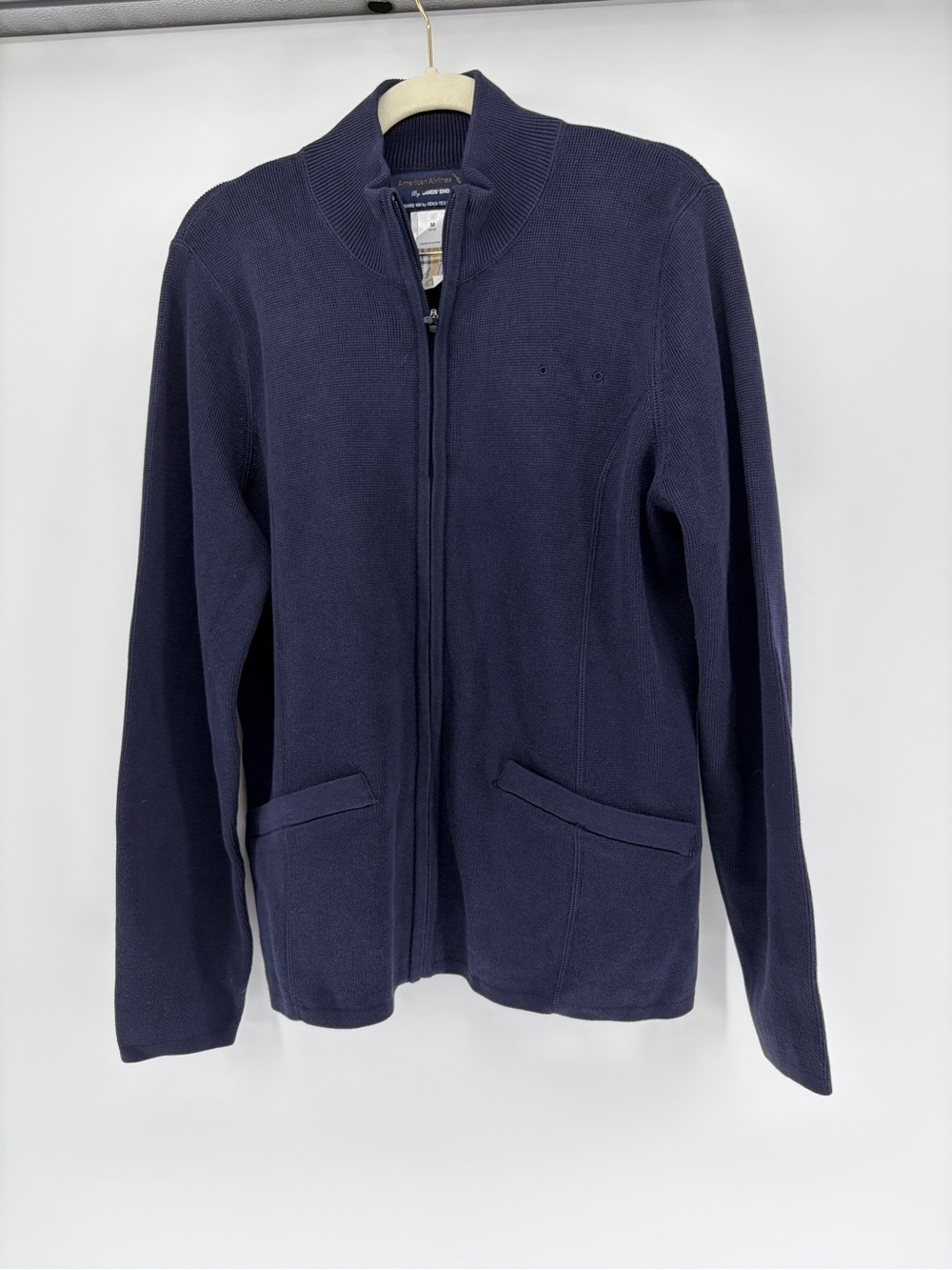 American Airlines by Lands' End Navy Full-Zip Knit Uniform Sweater Zip Pkts M